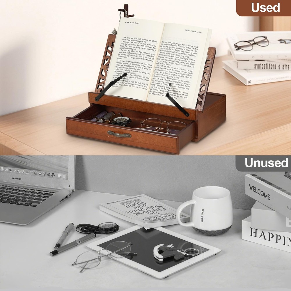 Adjustable Wooden Book Stand with Storage - Multi-Function Hands Free Book Ho...