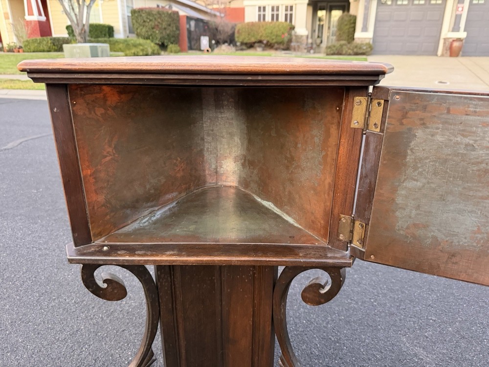 Triangular 1920 American Carved Chairside Table Humidor Smoking Stand Copper