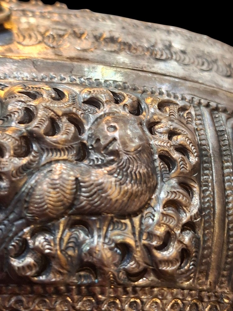 Antique Burmese Silver Tone "Thabeik" Locking Casket Hinged Container Marked...