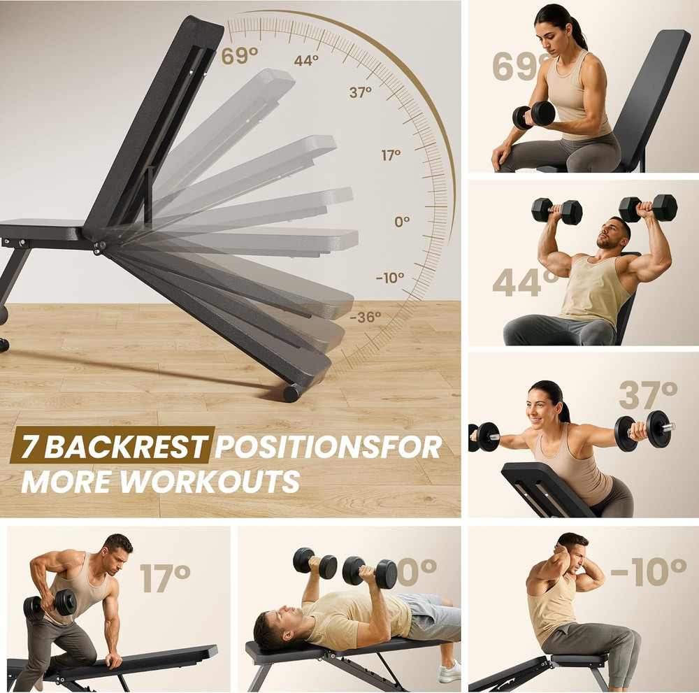 Adjustable Weight Bench for Home Gym, Foldable Workout Bench with 7 Backrests fo
