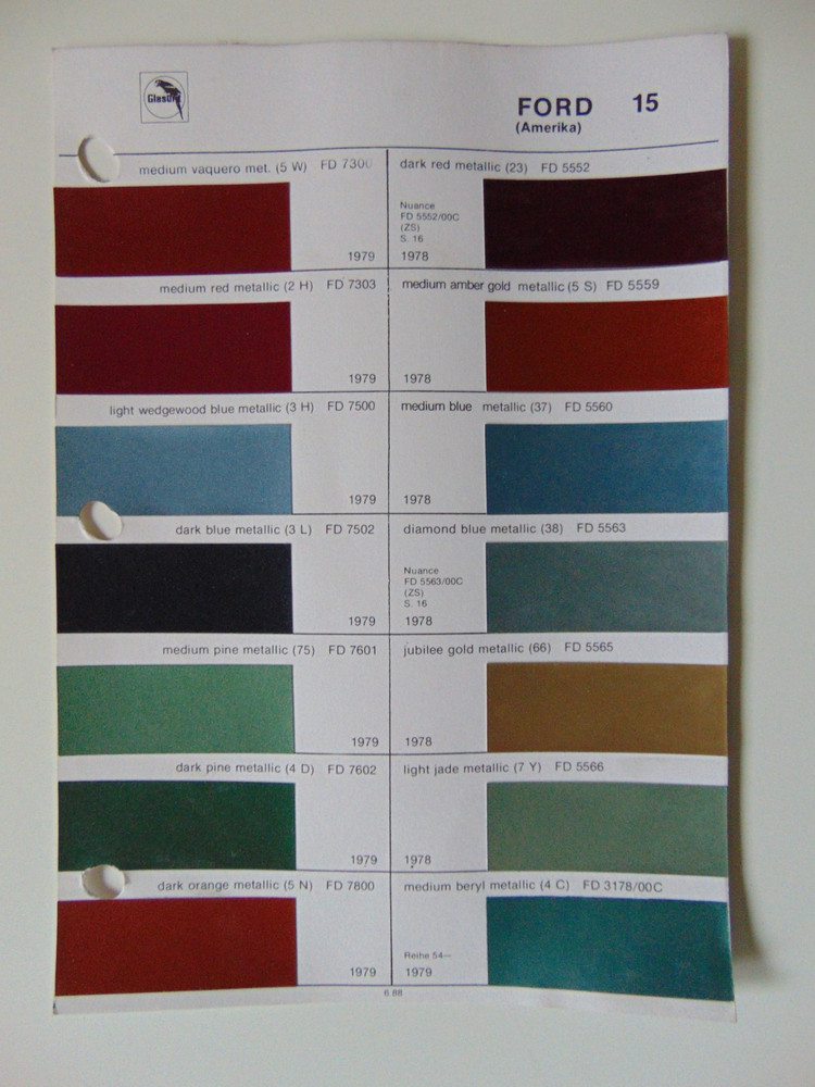 Original Glasurit Ford (US) Paint Chips Sheet - 1978-1979