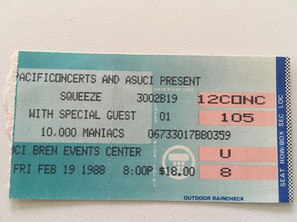 Squeeze/Maniacs  Concert Ticket Stub  1988