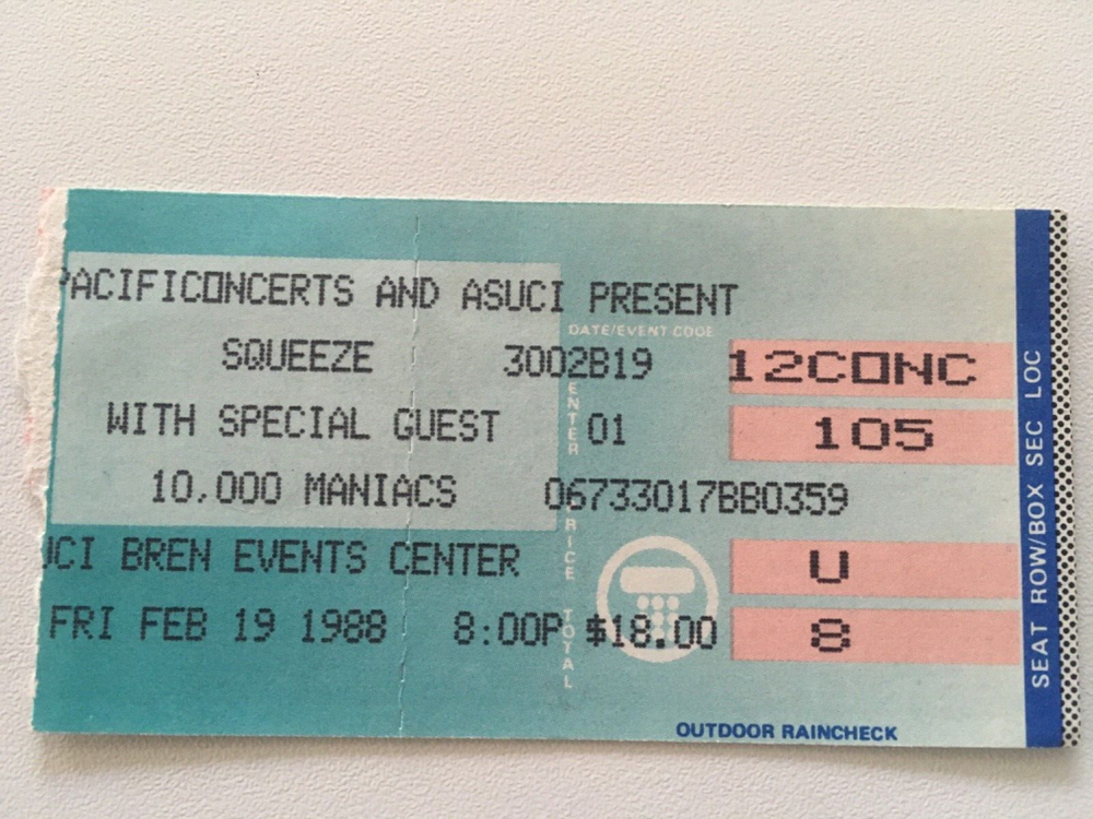 Squeeze/Maniacs Concert Ticket Stub 1988