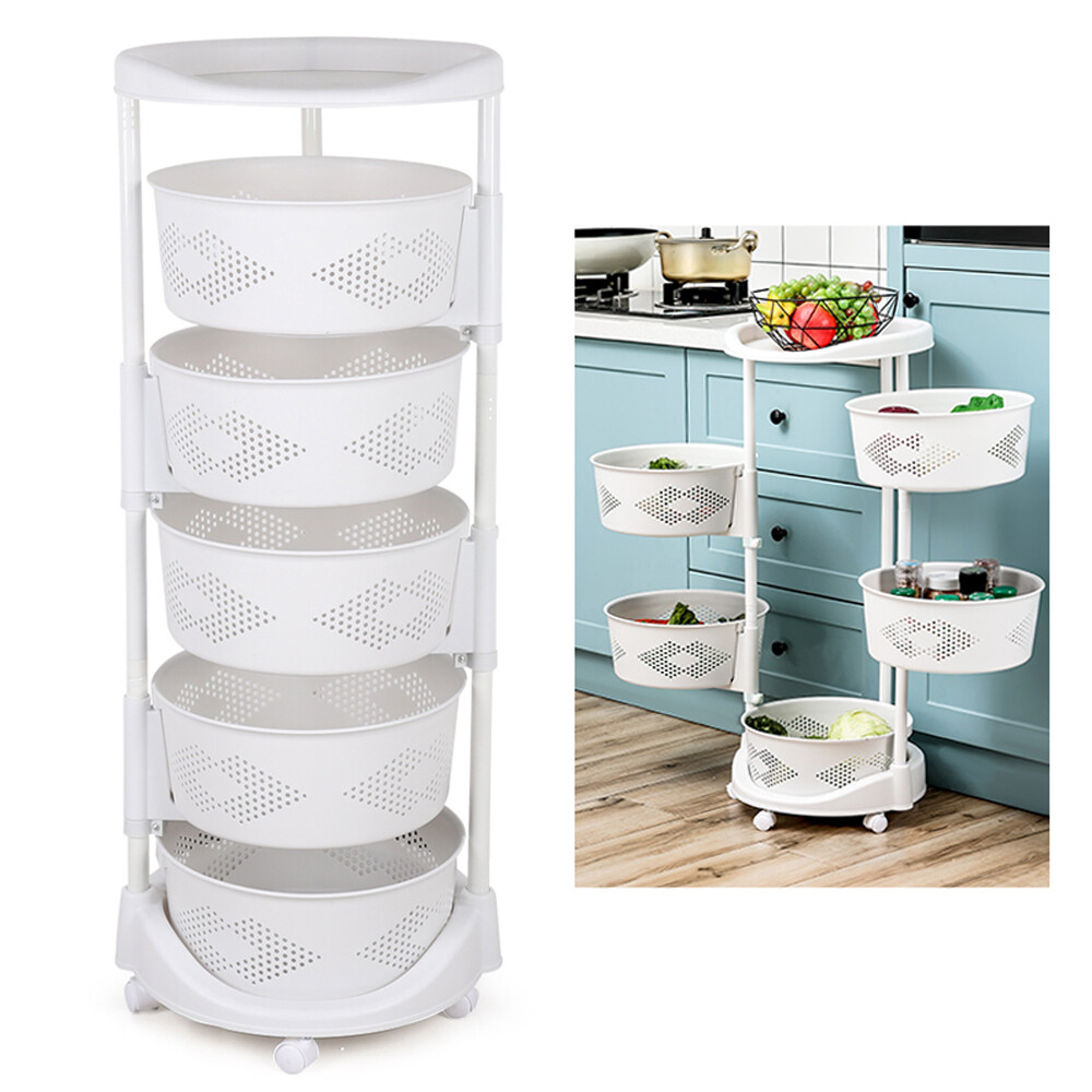 5 Layer Kitchen Rotating Organizer Rack Fruit Vegetable Storage Basket w/ Wheels
