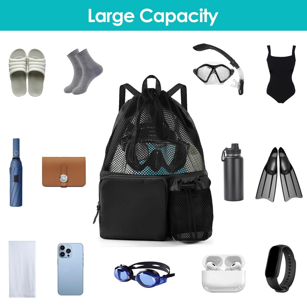 Large Mesh Swim Backpack Drawstring Waterproof Beach Bag Gym Workout Bag