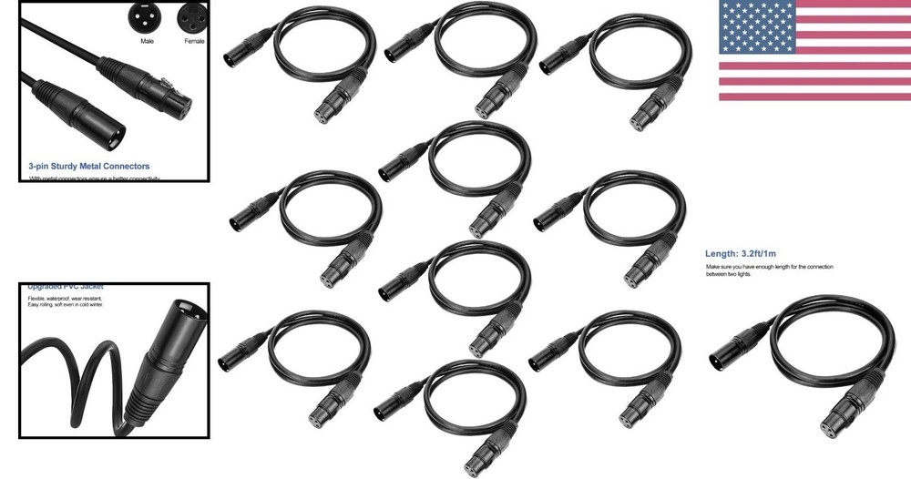 High-Quality 3.2ft DMX Cables - 10PCS Pack, Perfect for Stage Lighting Functions