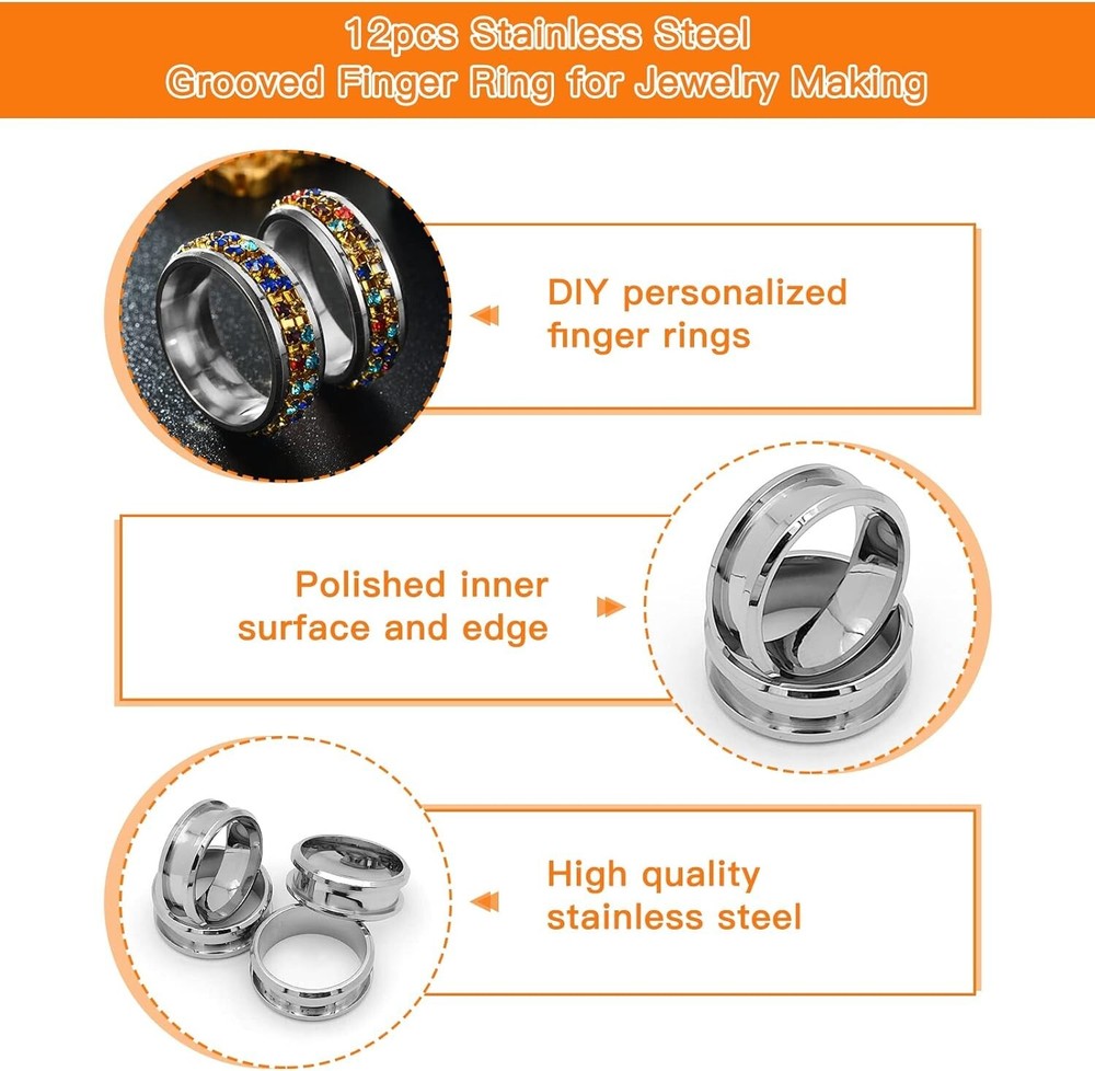 12 pcs Stainless Steel Blank Core Ring Settings 8 Sizes Finger Ring Blanks Round