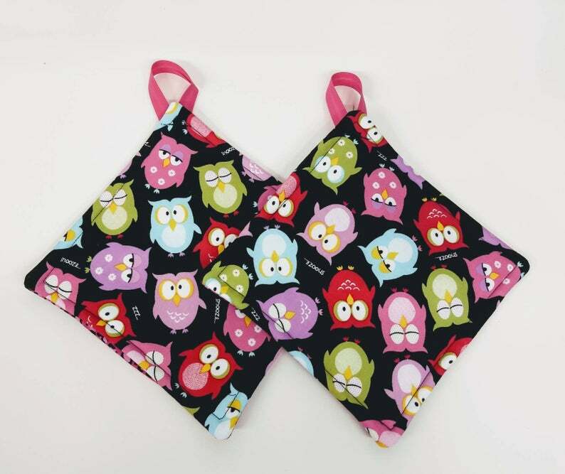 Black Owl with Pink Leopard Print Potholder or Hotpad with hanging loop