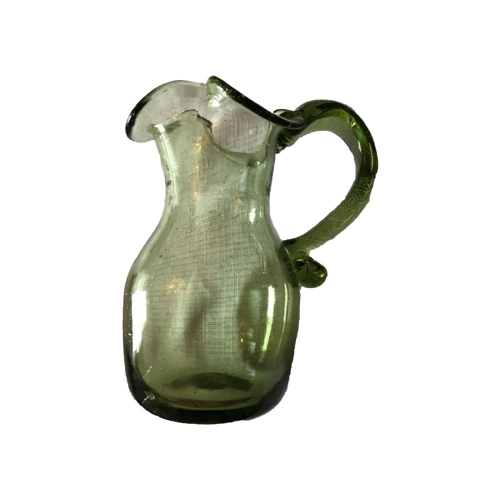 Moss Green Vntg Fluted Hand Blown Art Glass Pitcher Small