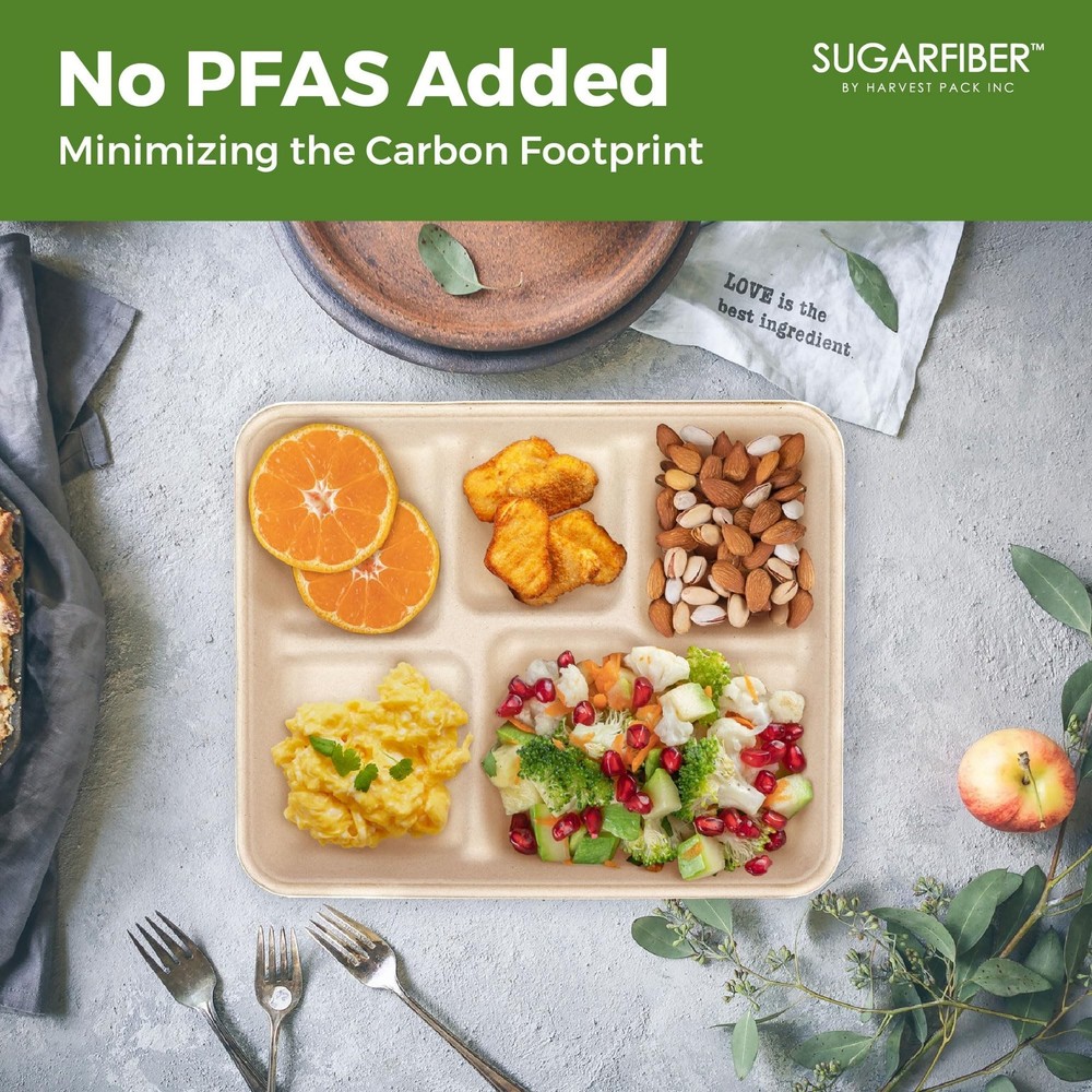 [100 Count]Sugarfiber 10" x 8" Compostable Shallow 5 Compartment Paper Plates...