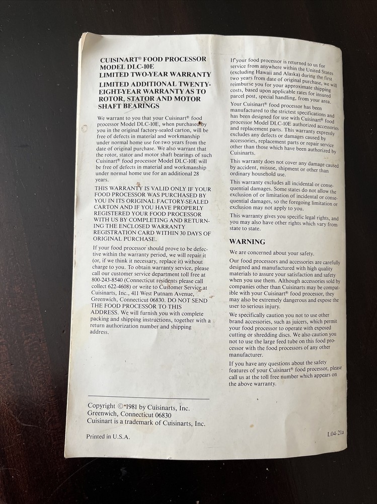 Cuisinart Food Processor Manual DLC-10E Instruction Manual With Recipes