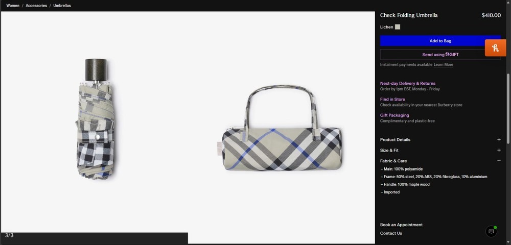 Burberry Check Folding Umbrella Lichen