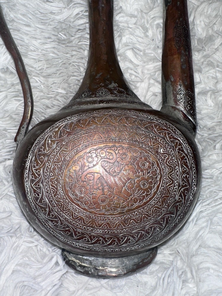 Persian Ewer Pitcher Antique Tinned Copper/Brass Engraved