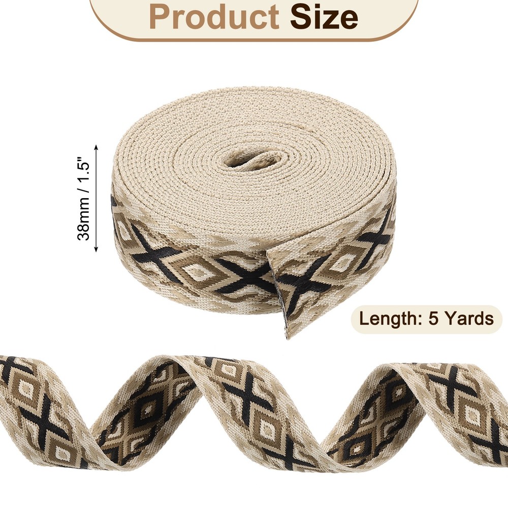 5Yards Cotton Webbing Strap 38mm Jacquard Webbing Purse Strap, Khaki-Coffee