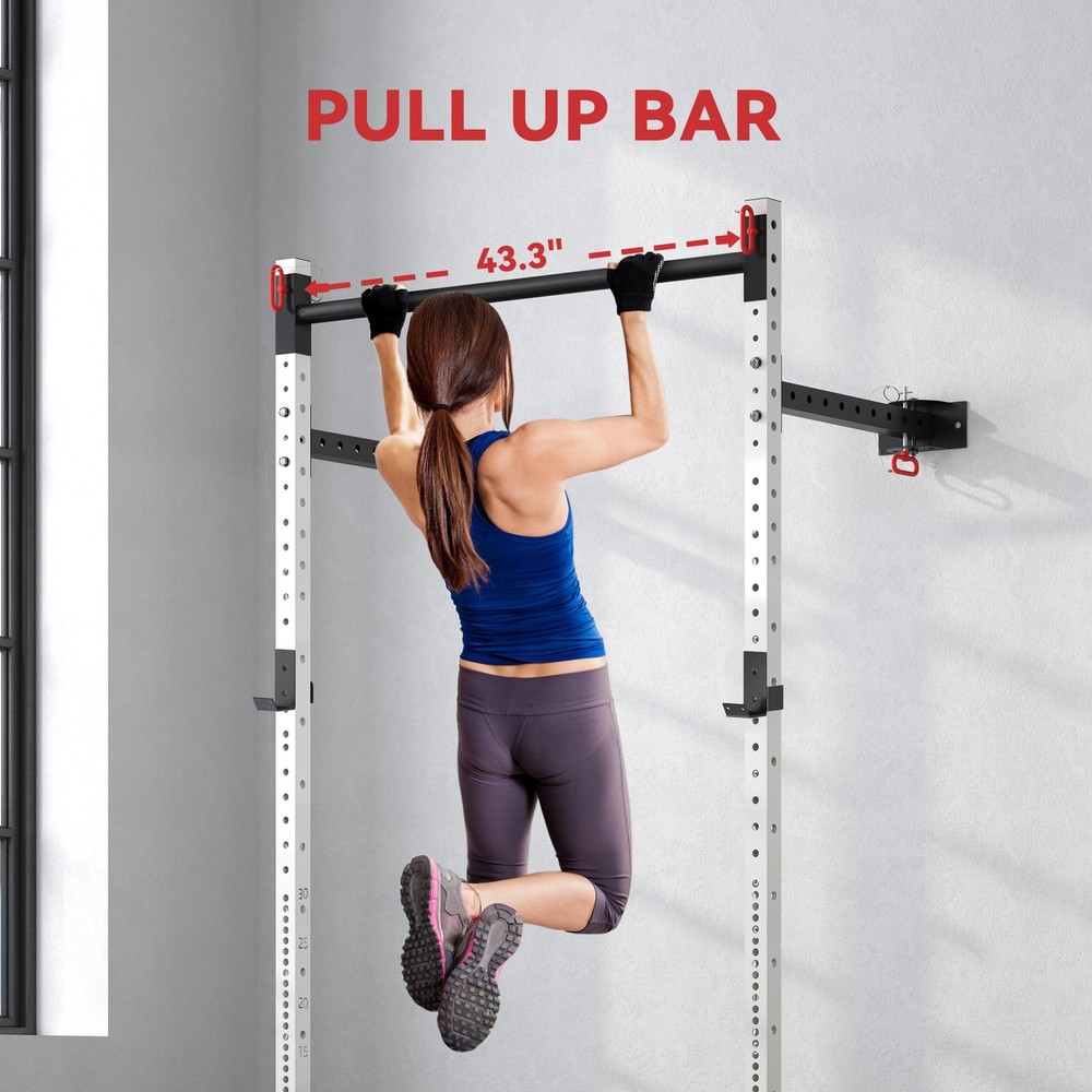 Folding Squat Rack with Pull Up Bar Wall Mounted and Adjustable Power Rack White