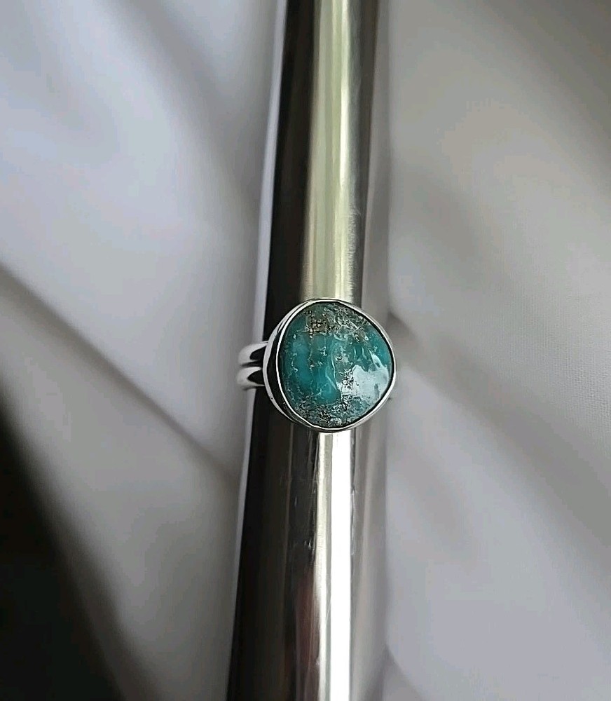 Natural Blue Turquoise Solid 925 Silver Plain Ring Size 7 Mexico