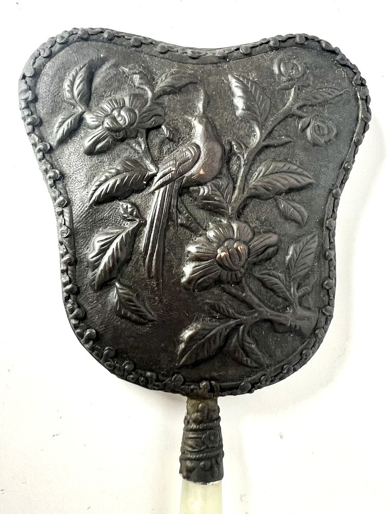 VTG Child's Hand Mirror Bronzed Color Translucent Light Green Handle