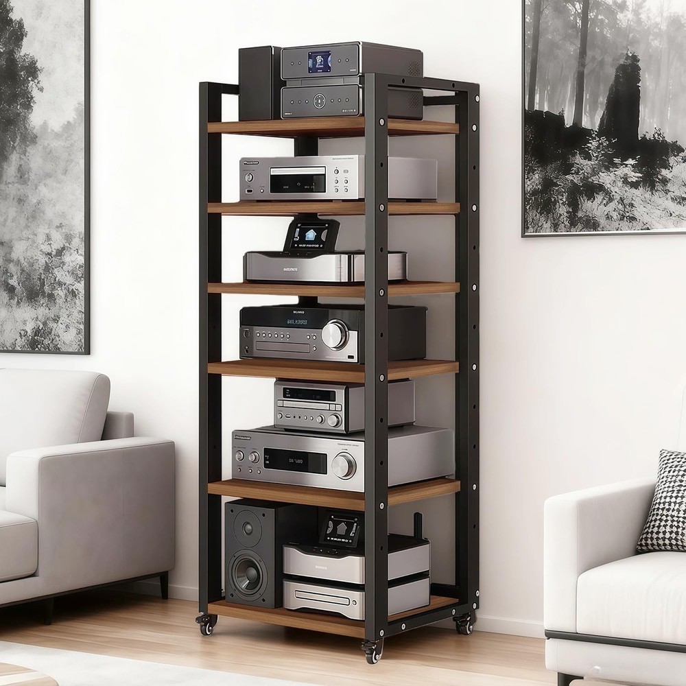 6 Tier AV Media Stand Wheels Adjustable Shelf