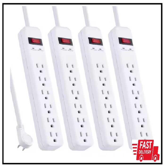 3 Ft. 6-Outlet Power Strip Surge Protector, White (4-Pack)