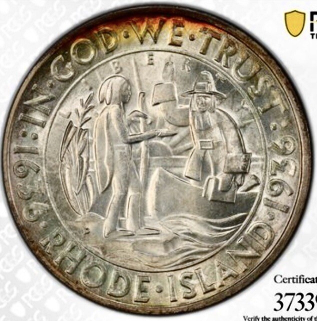 1936 D RHODE ISLAND COMMEMORATIVE HALF DOLLAR PCGS MS67 GOLD SHEILD