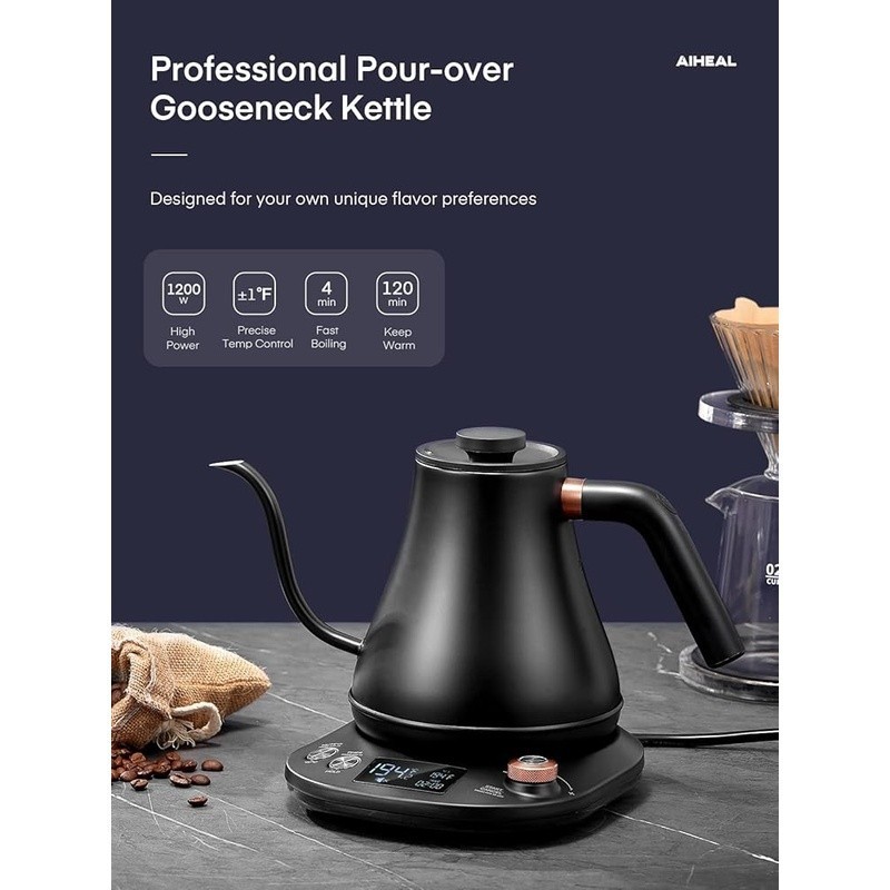 Electric Kettle Gooseneck Design Temperature Control LCD Display Auto Shut-Off