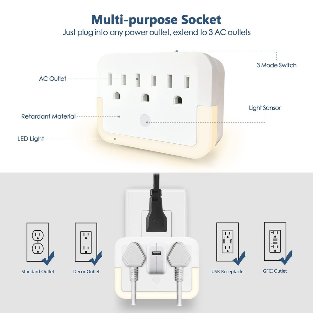 Multi Plug Wall Mount Outlet Adapter, Outlet Extender with Light-Sensing,Powe...