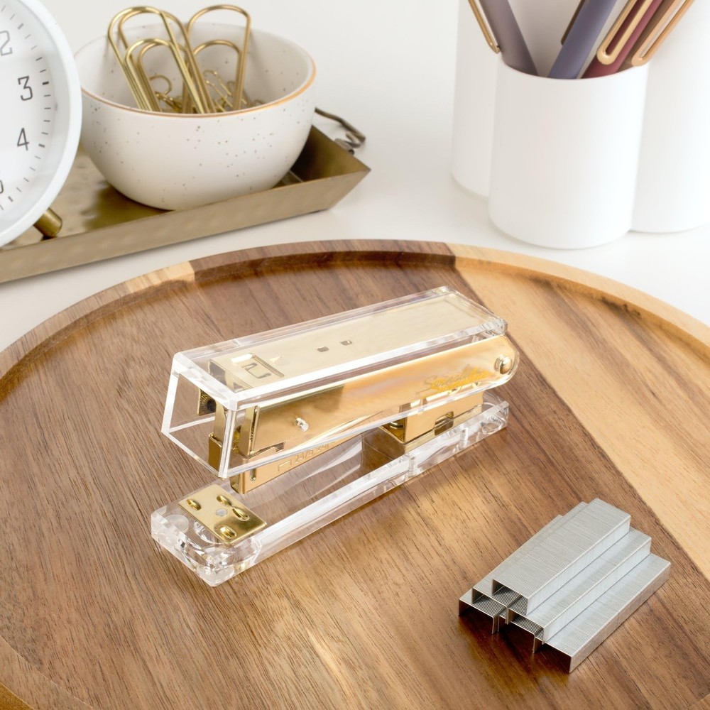 Compact Clear Acrylic Gold Stapler - 20 Sheet Capacity, Half Strip Design