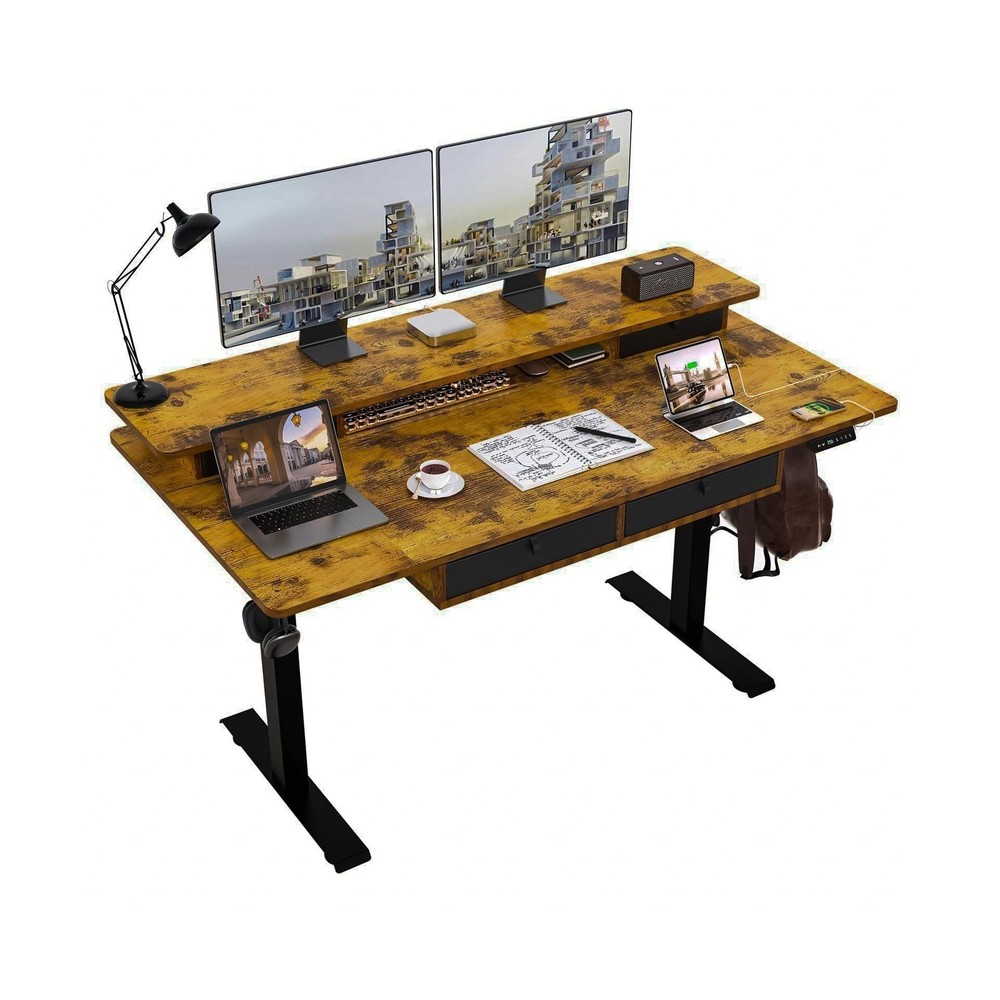 63x30in Standing Desk Adjustable Height 4 Drawer Storage Shelf Rustic Brown