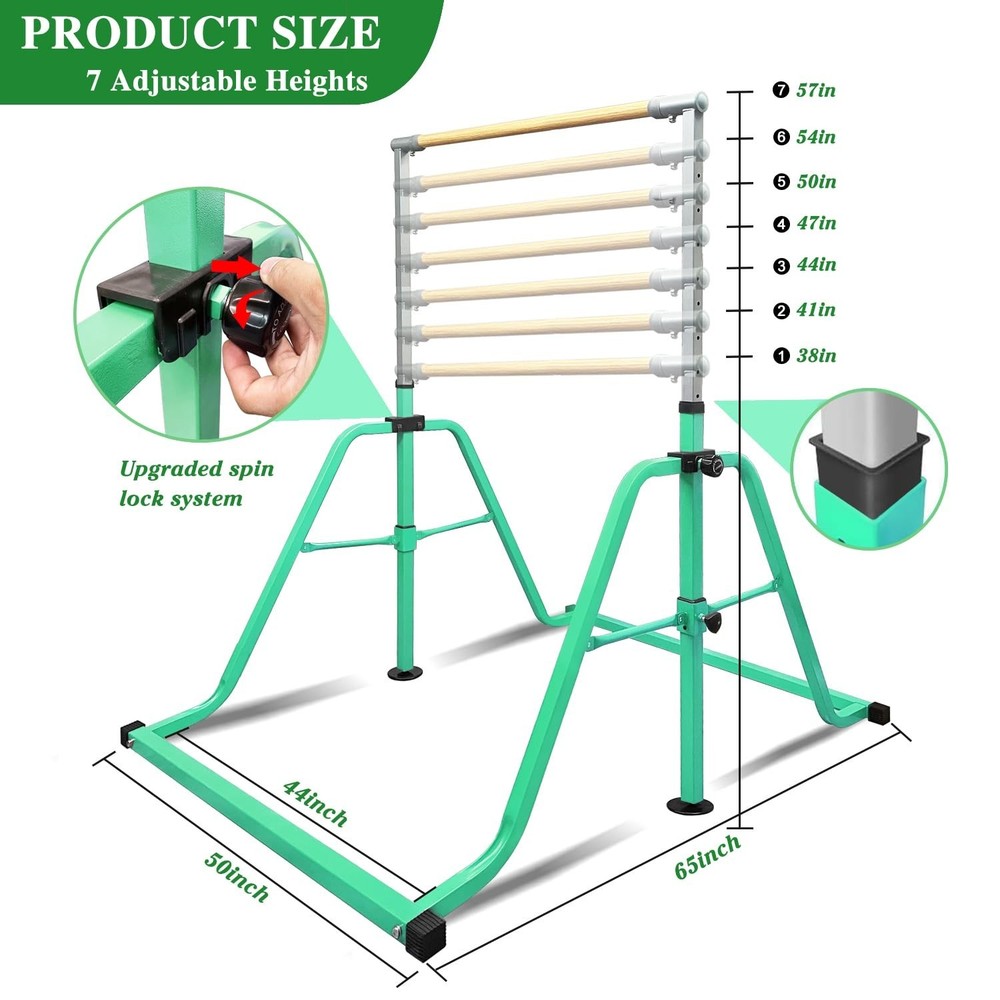 Foldable & Moveable Gymnastics Horizontal Bar with Rings,3’to 5’Adju