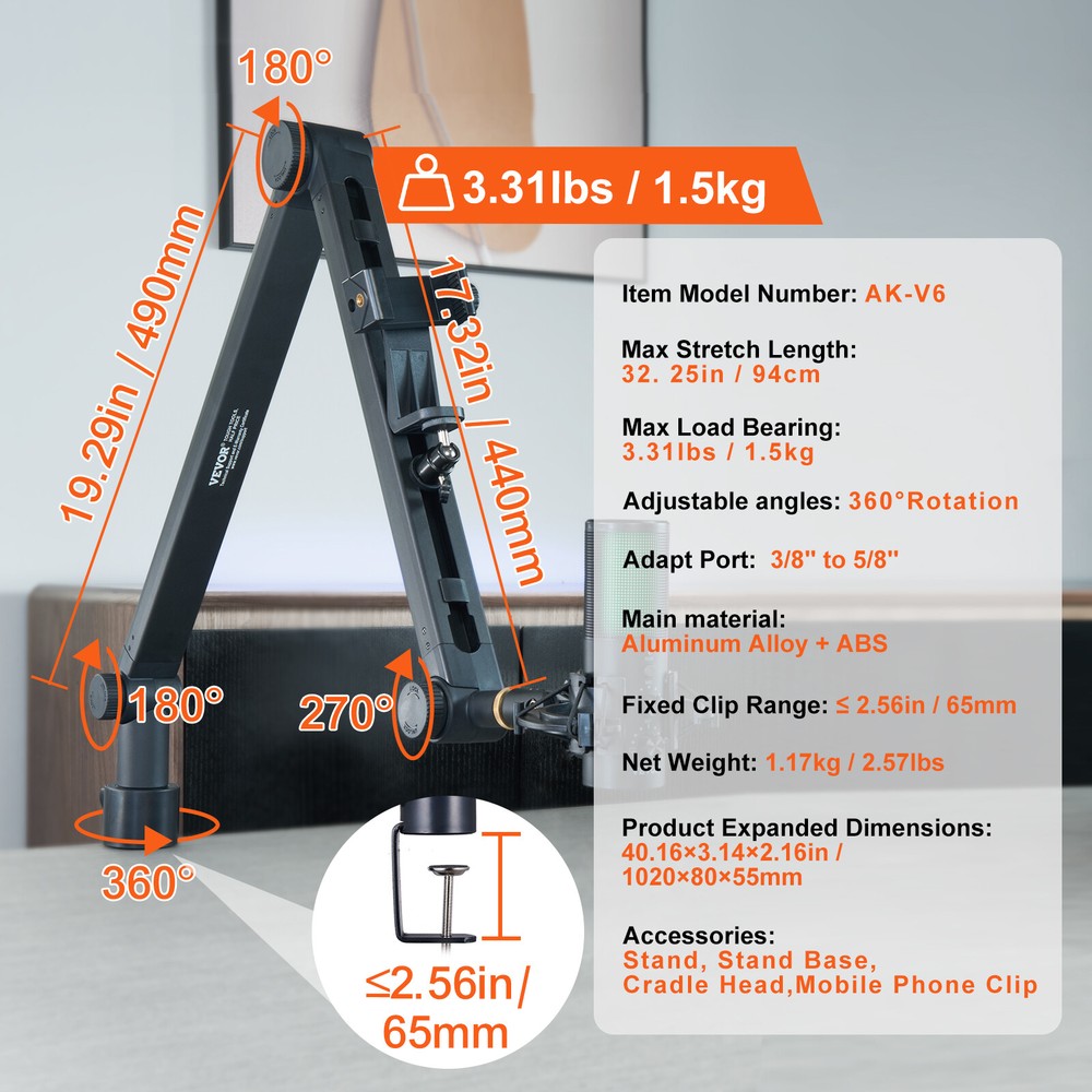 VEVOR Microphone Boom Arm with Desk Mount 360° Rotatable Adjustable Mic Stand