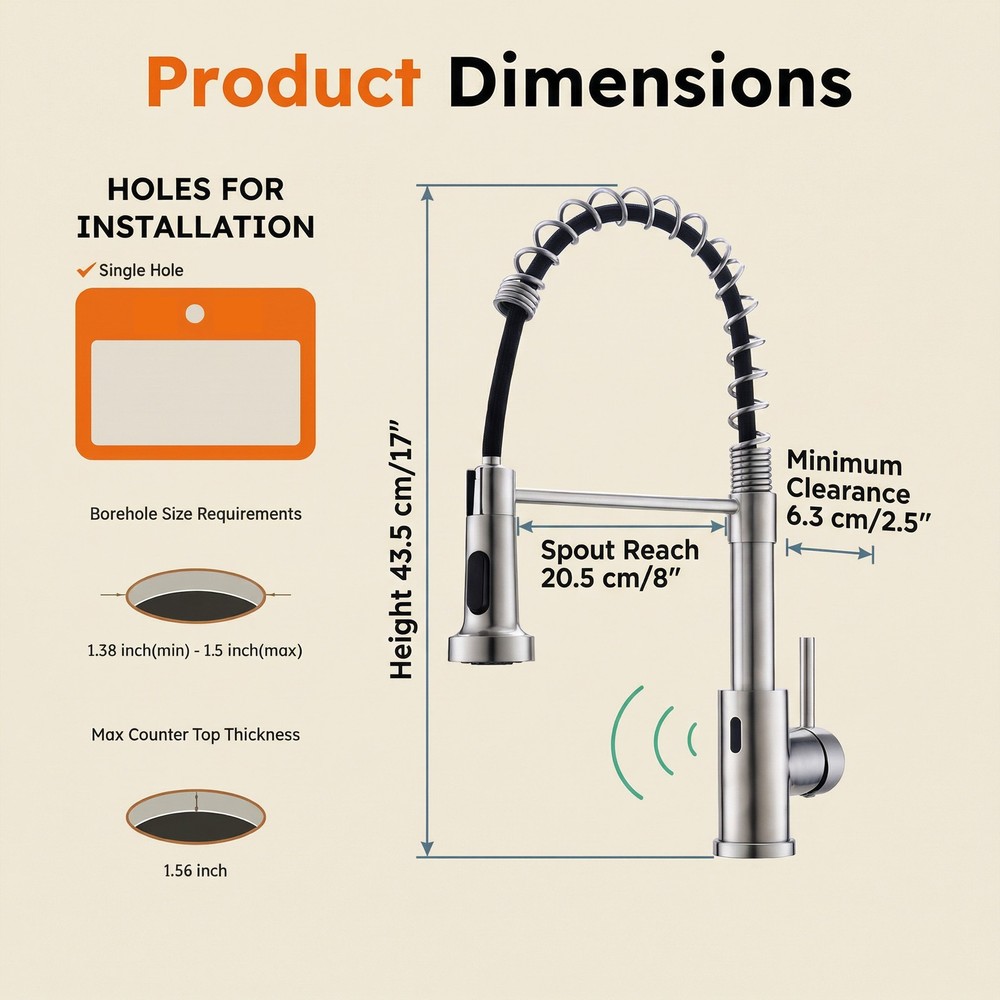 25.5" Pull-Down Kitchen Faucet with Touchless Motion Sensor, 304 Stainless Steel