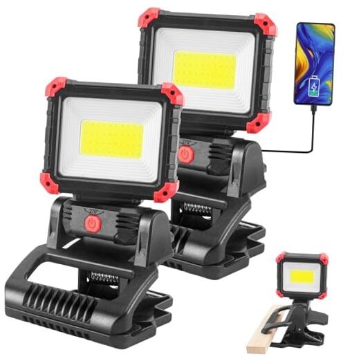 LED Rechargeable Work Light with Clamp, 2Pack 2100LM COB Magnetic Black 2Pack