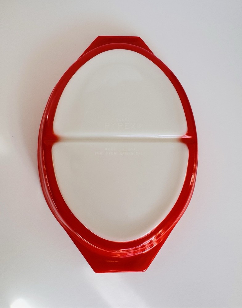 Vintage PYREX Red Friendship Pattern 1 Quart Divided Oval Glass Baking Dish