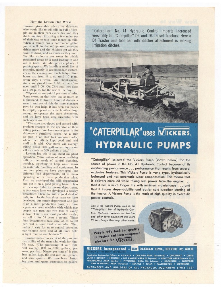 1954 Vickers No. 41 Hydraulic Control Ad: for Caterpillar Model D4 w. Ditcher