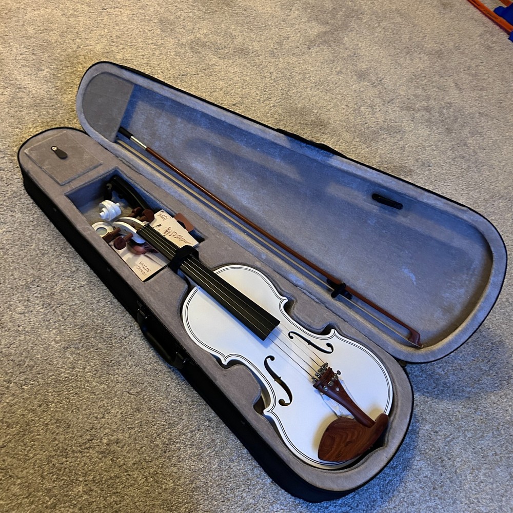 White Full-Size 4/4 Solid Wood Violin Package with Case, Bow, Rosin, and More