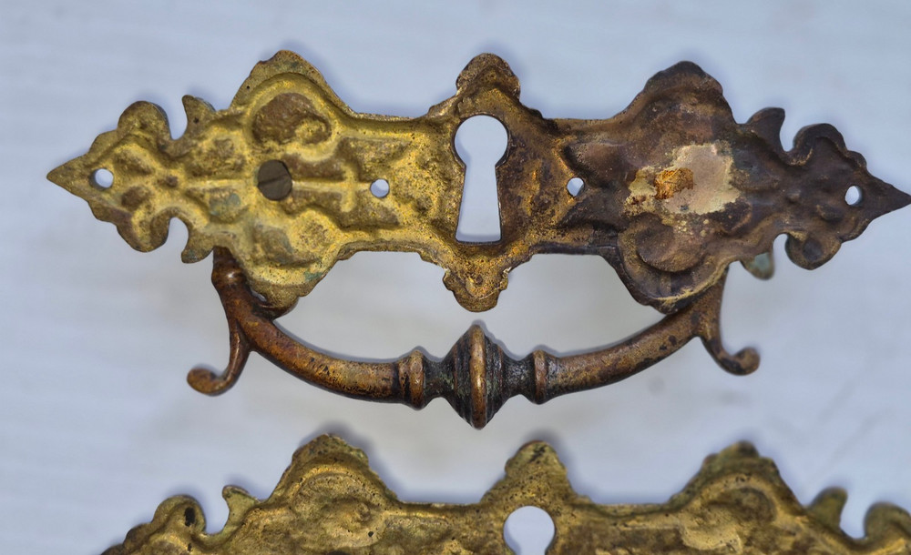 Pair Solid Cast Brass Antique Drawer Pulls Bail Handle Ornate Aesthetic Movement