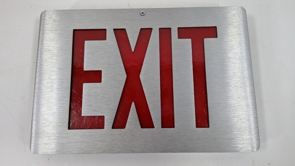 Vintage LITHONIA Double Sided RED Emergency Exit Sign Brushed Metal with Mount