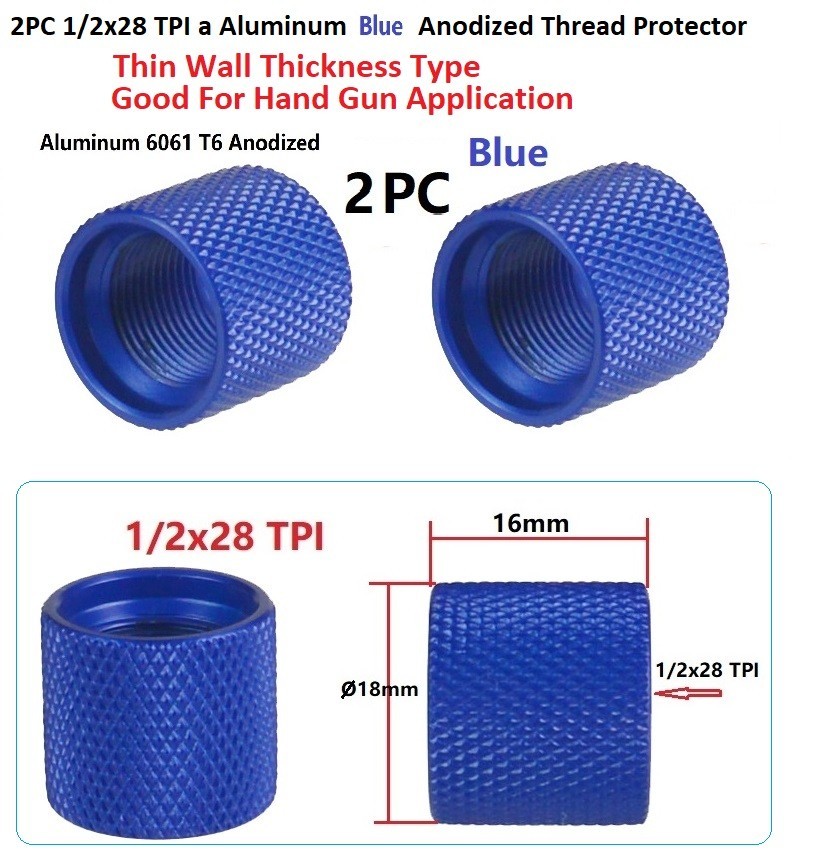 2 PC Blue 1/2x28 TPI Thread Protector Thin Type F Hand Gun & Rifle Application