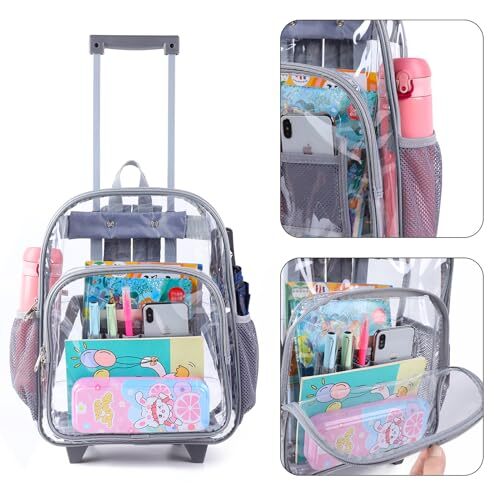 Rolling Clear Backpack Heavy Duty See Through Bookbag Transparent PVC