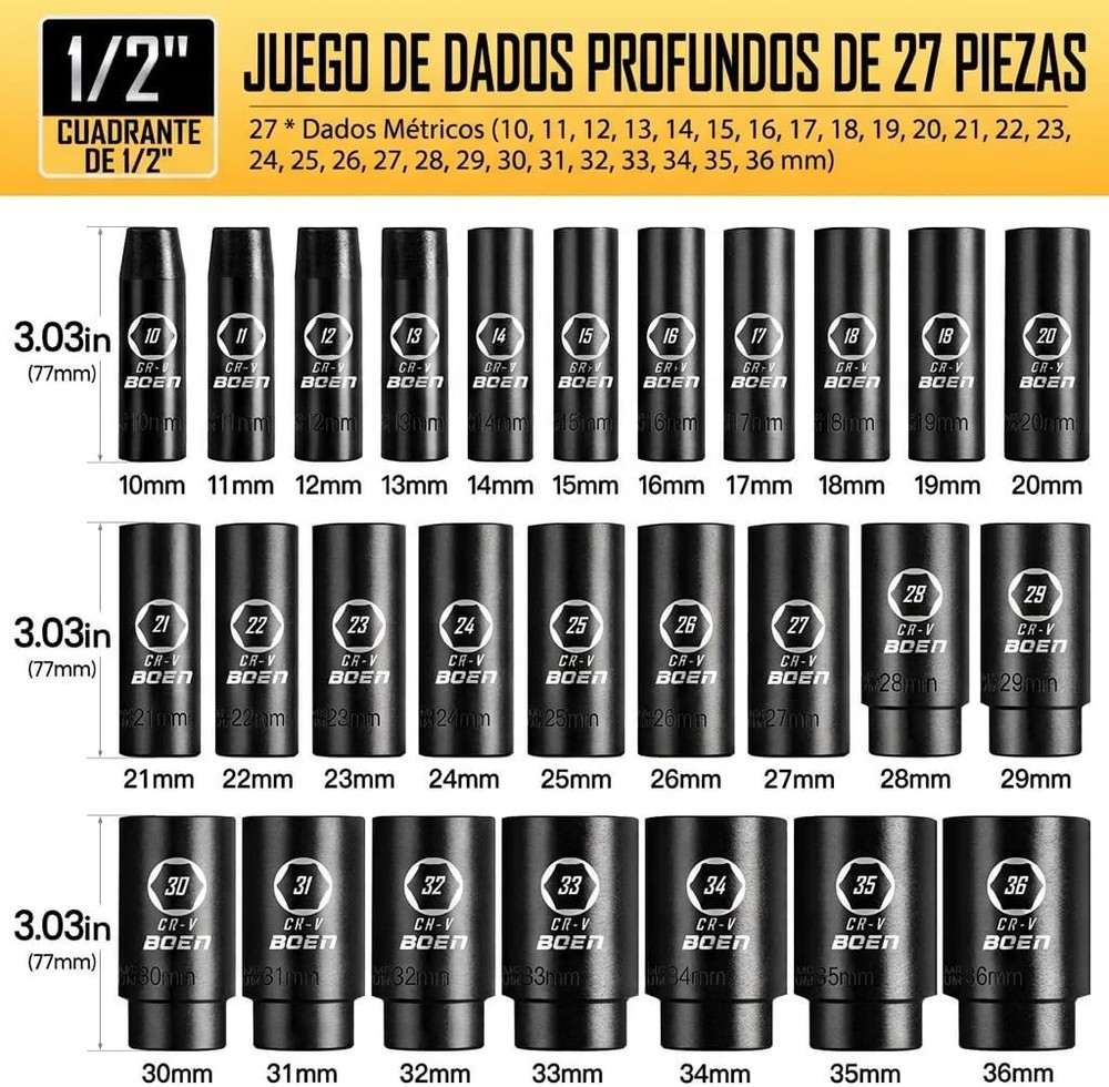 10Mm-36Mm 1/2” Drive Metric Socket Set, Impact Deep Socket, 6-Point Axle Nut Soc