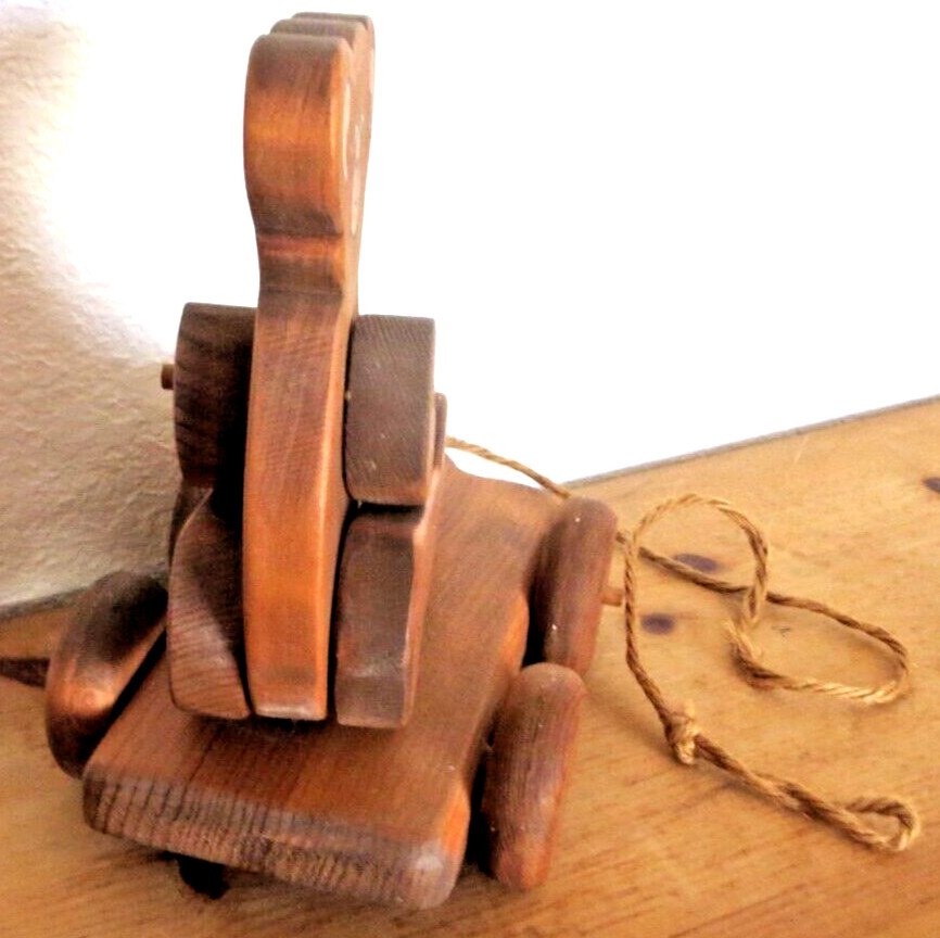 Vintage Jointed Wooden Bear Pull Toy ~ Wheels turn & pull string ~ Base Swivels
