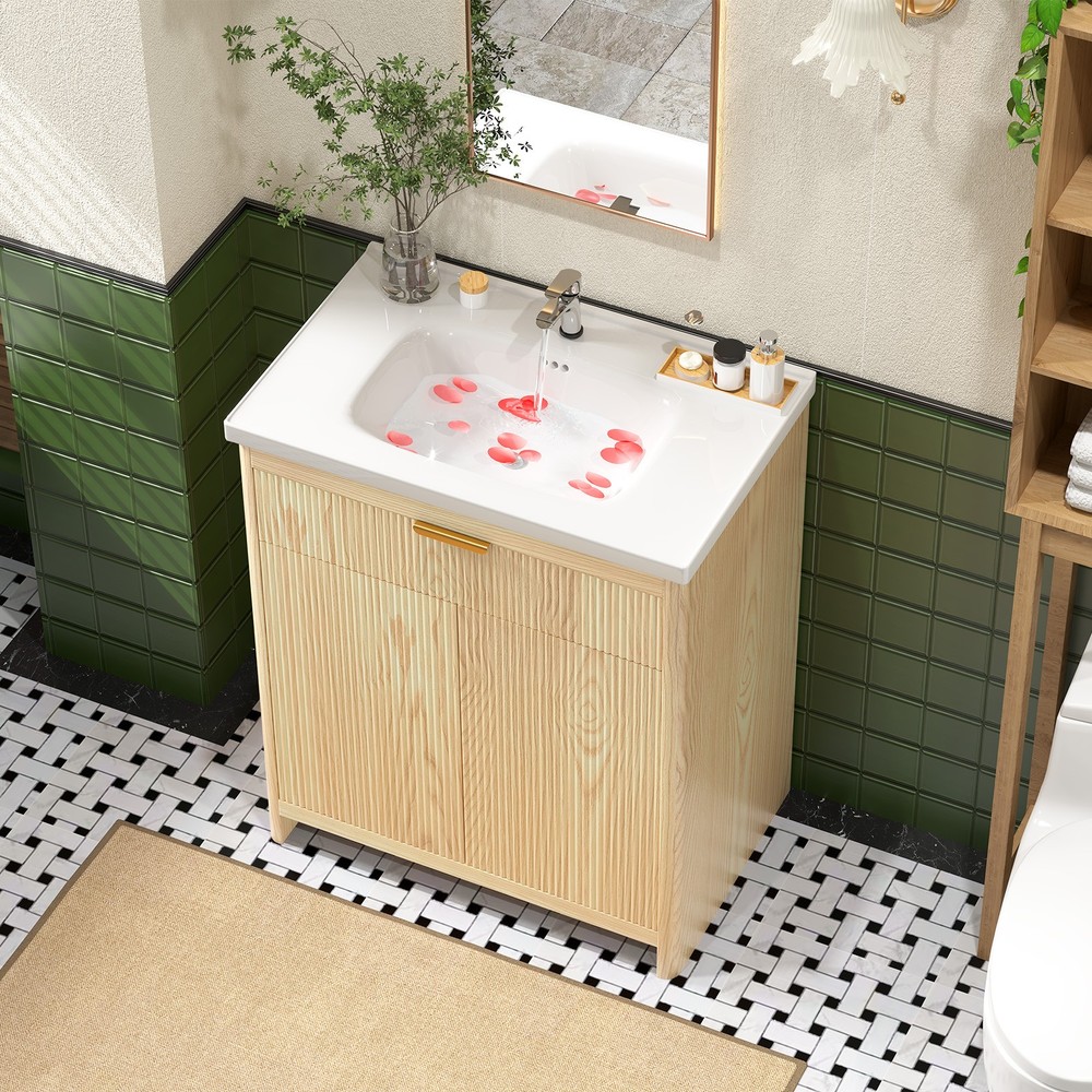 Single Sink Bathroom Cabinet w/ Integrated Ceramic Washbasin&Ample Storage Space