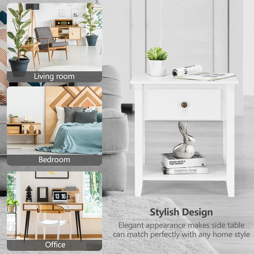 Costway Nightstand Beside Table Chest Sofa Table End Table Accent Table White