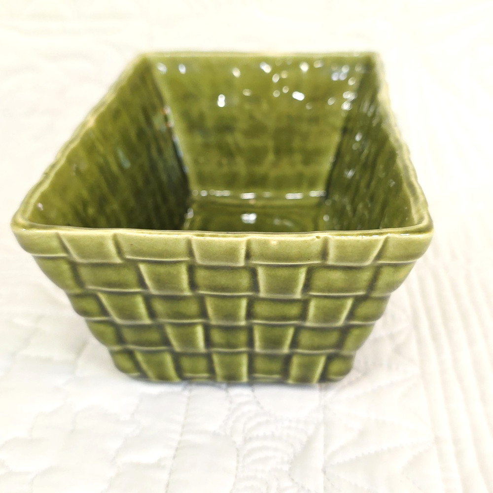 Brush USA 1087 Basketweave Planter Rectangular Green Pottery Vintage