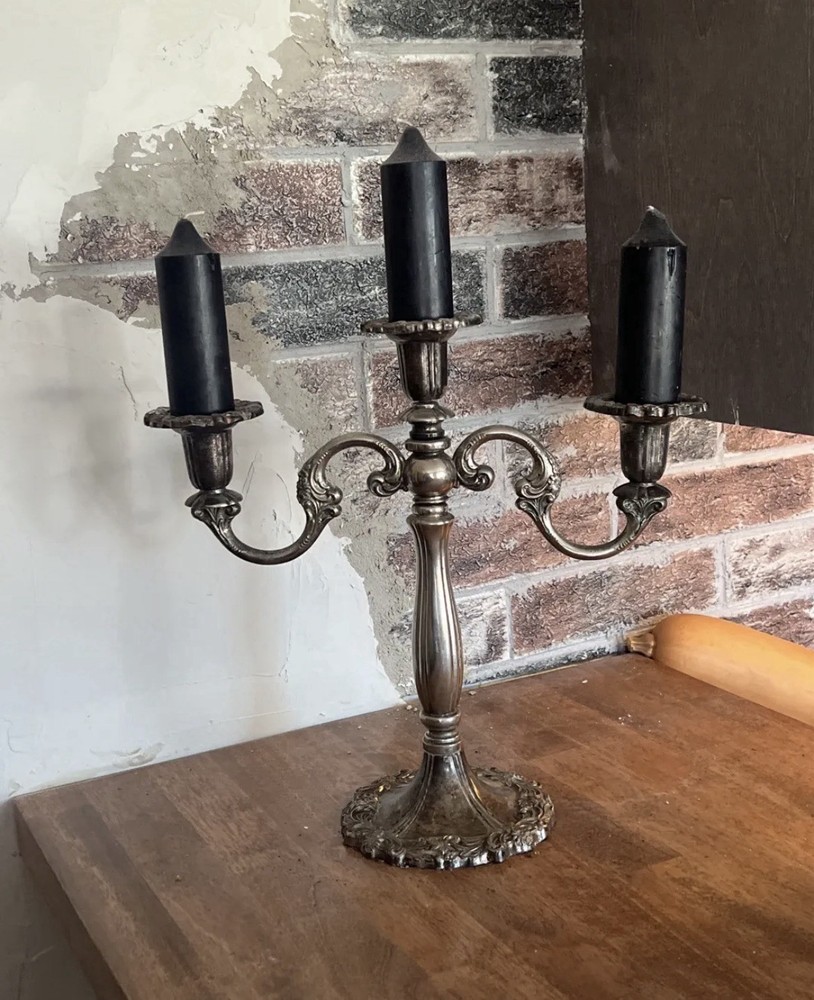 vintage silver-plated three-arm candelabra
