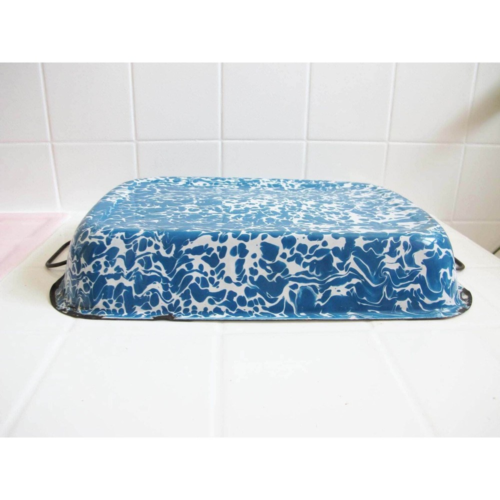 Vtg Splatterware Blue White Enamel Rectangle Roasting Pan Marbled Swirl Chippy