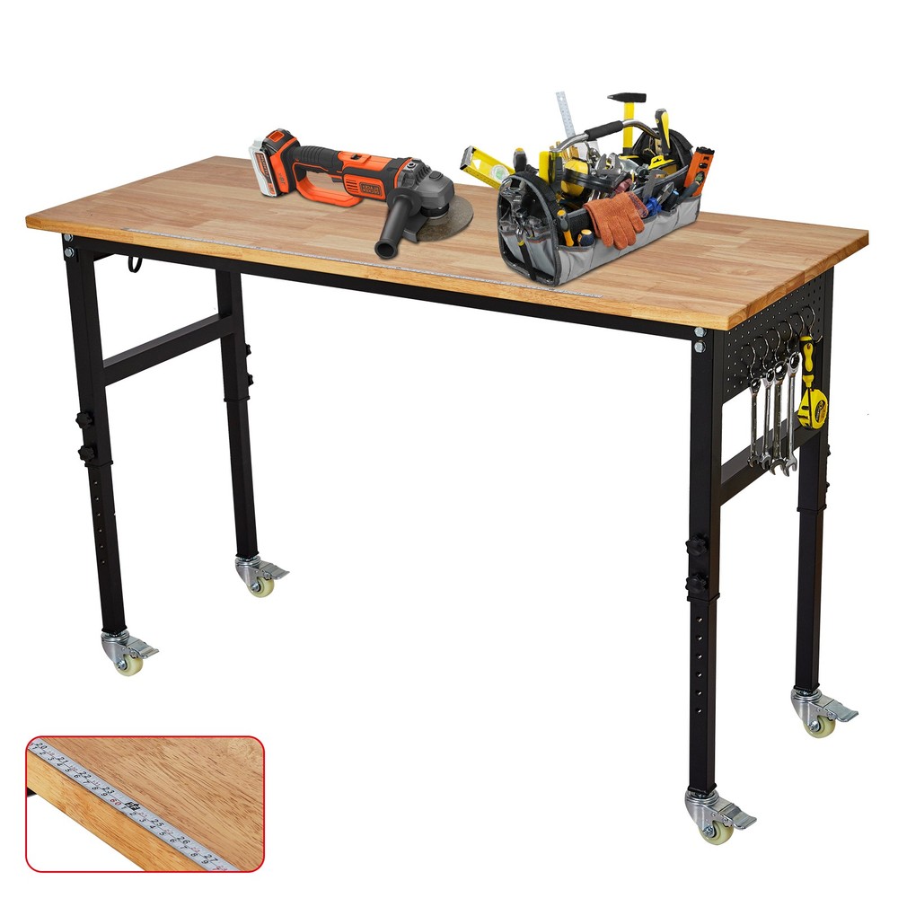 48"X24" Adjustable Workbench with Power Outlet & Wheels Rubber Wood Work Table