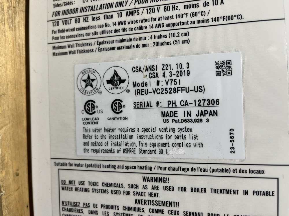 Rinnai V75iN Indoor Tankless Water Heater 180k BTU Natural Gas (B-29 #1644)