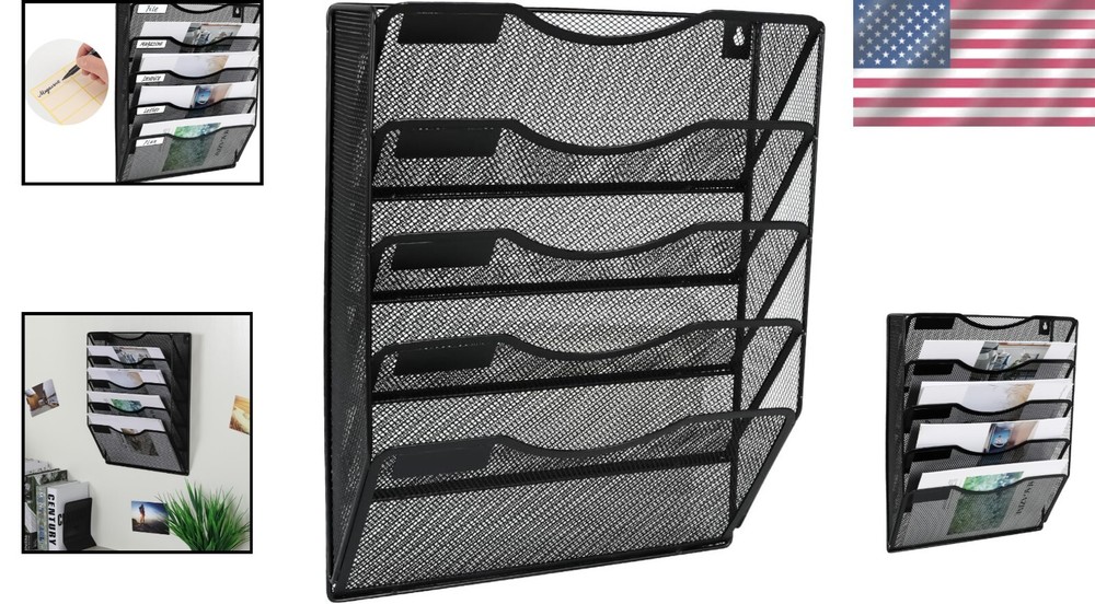5-Tier Metal Wall File Organizer with Label Slots for Efficient Document Storage