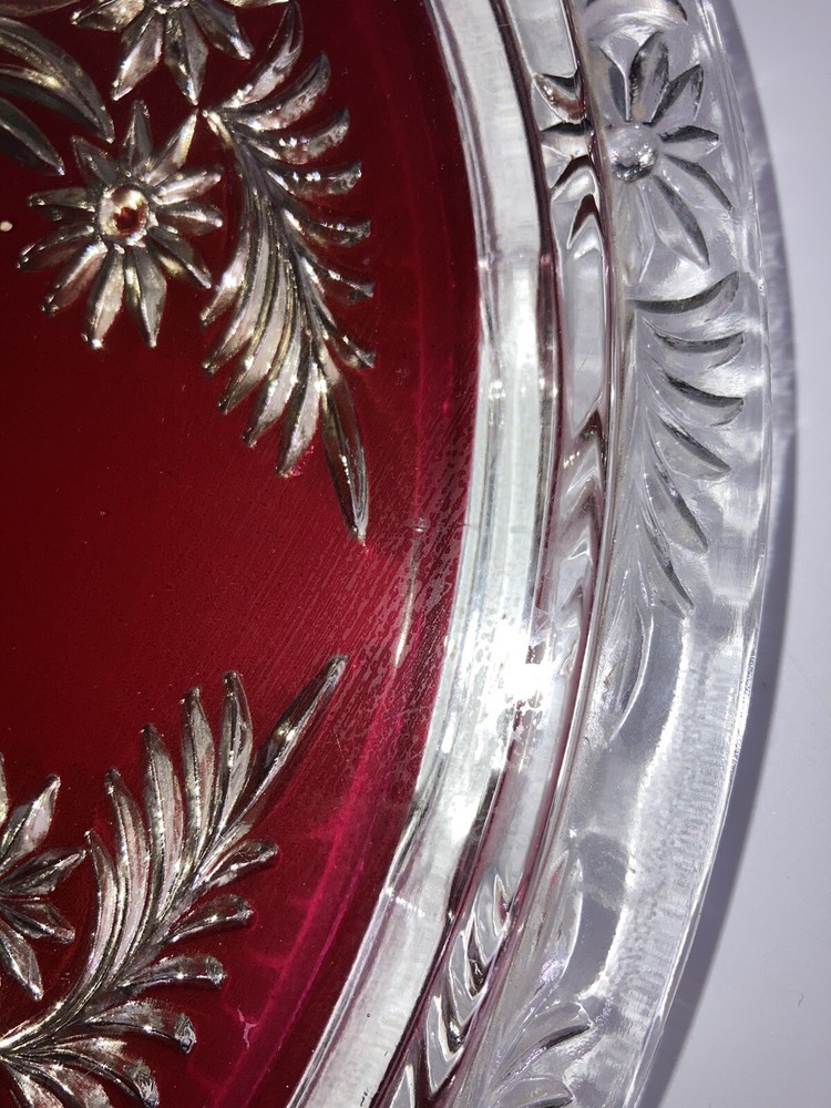 Vintage Mercury Silver Ruby Red Platter Stand Goofus Glass Beautiful